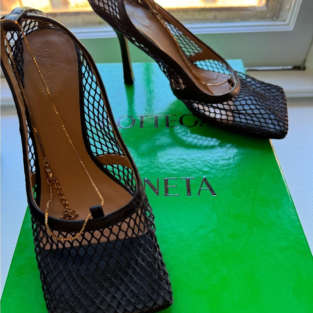 Bottega Veneta Stretch Mesh Sandals with Gold Chain Detail